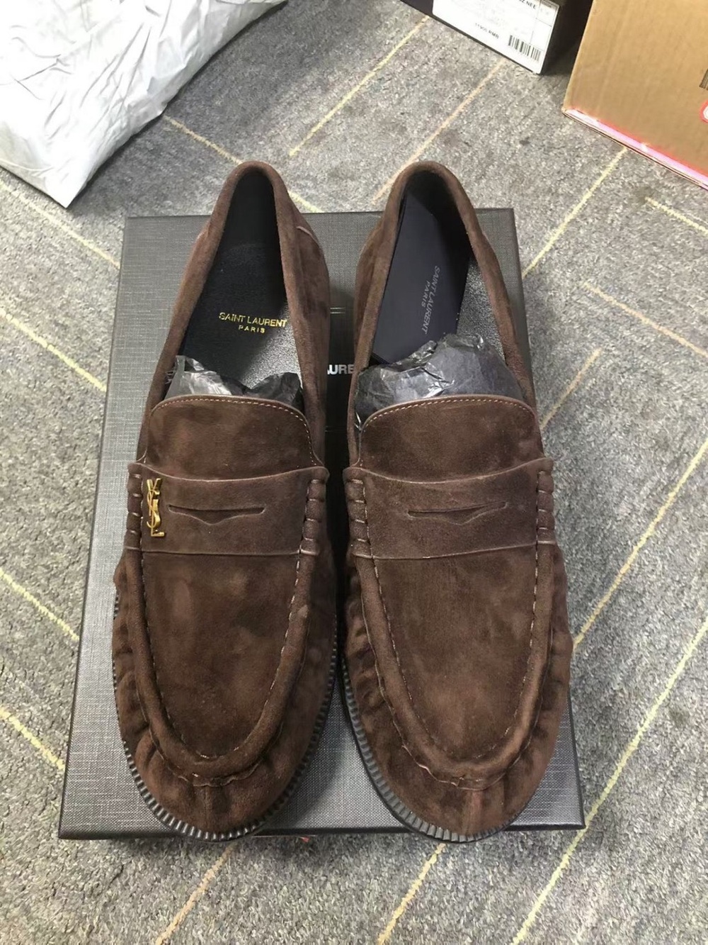 Brown Suede Penny Loafers with Gold Logo